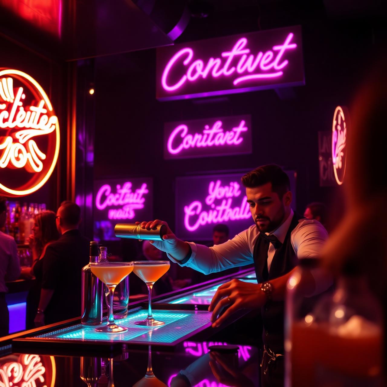 Bartender pouring cocktails under neon signs