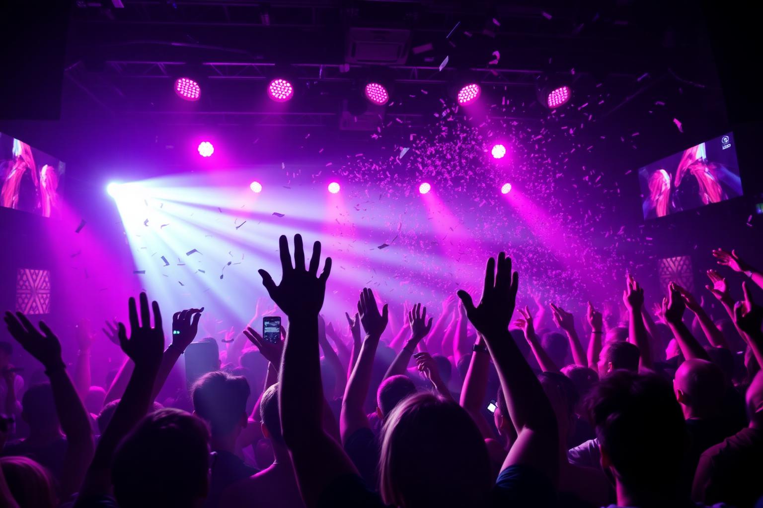 Crowd with hands up under stage lights
