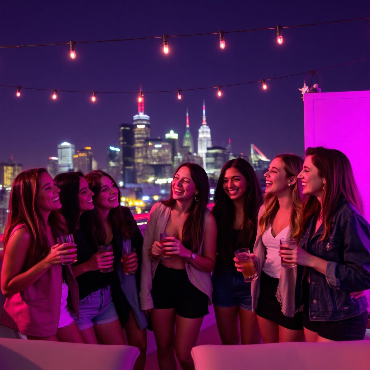 Friends celebrating on a rooftop at night
